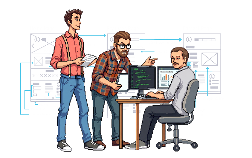 T&yacute;m spolupracuje na webov&eacute;m n&aacute;vrhu p&rcaron;ed wireframe pozad&iacute;m.